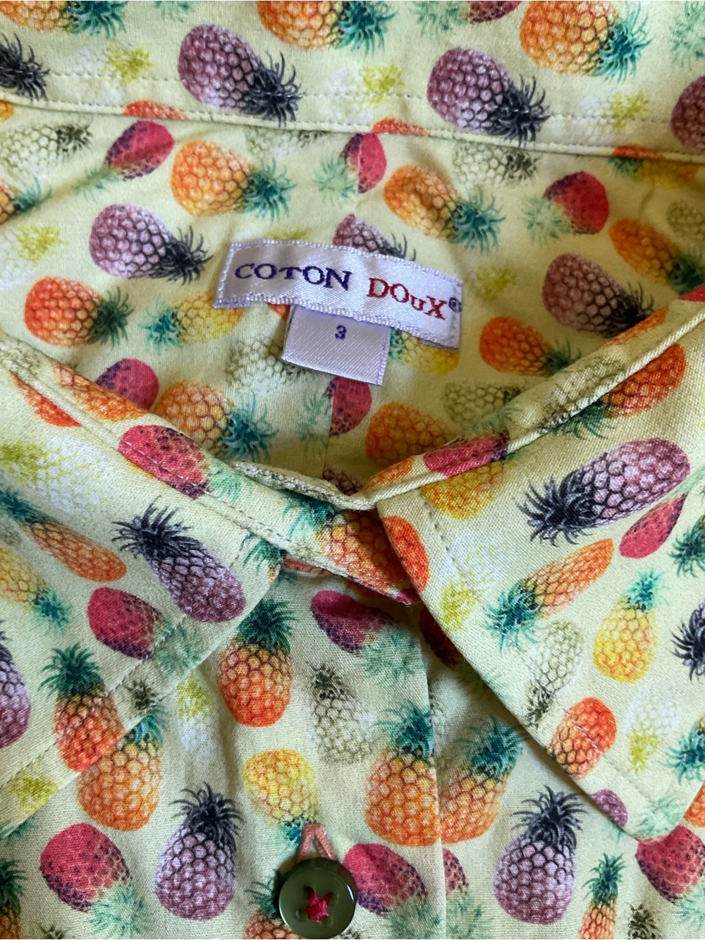 Women’s Yellow Button-Down Shirt Multicolor pineapple novelty Print 19” by 24”